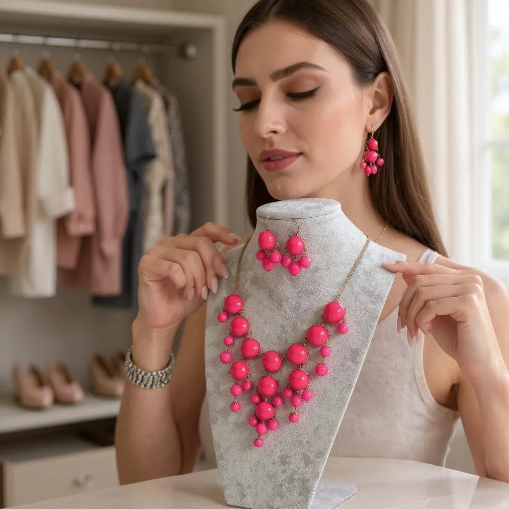 Pink Fuchsia Lucite Stud Gold Tone Link Bauble Bubble Long Necklace Earring Set